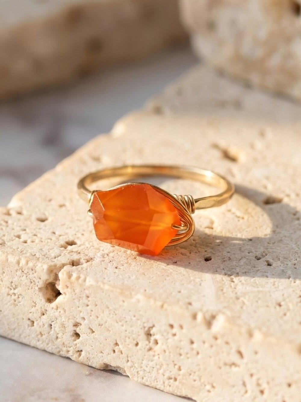 Gold Filled Wire Wrapped Ring Rough Cut Carnelian Faceted Orange Stone Size 5-9